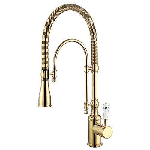 Kunmai High Arc Swirling Dual-Mode Pull-Down Kitchen Faucet with Porcelain Handle (Gold) | Amazon (US)