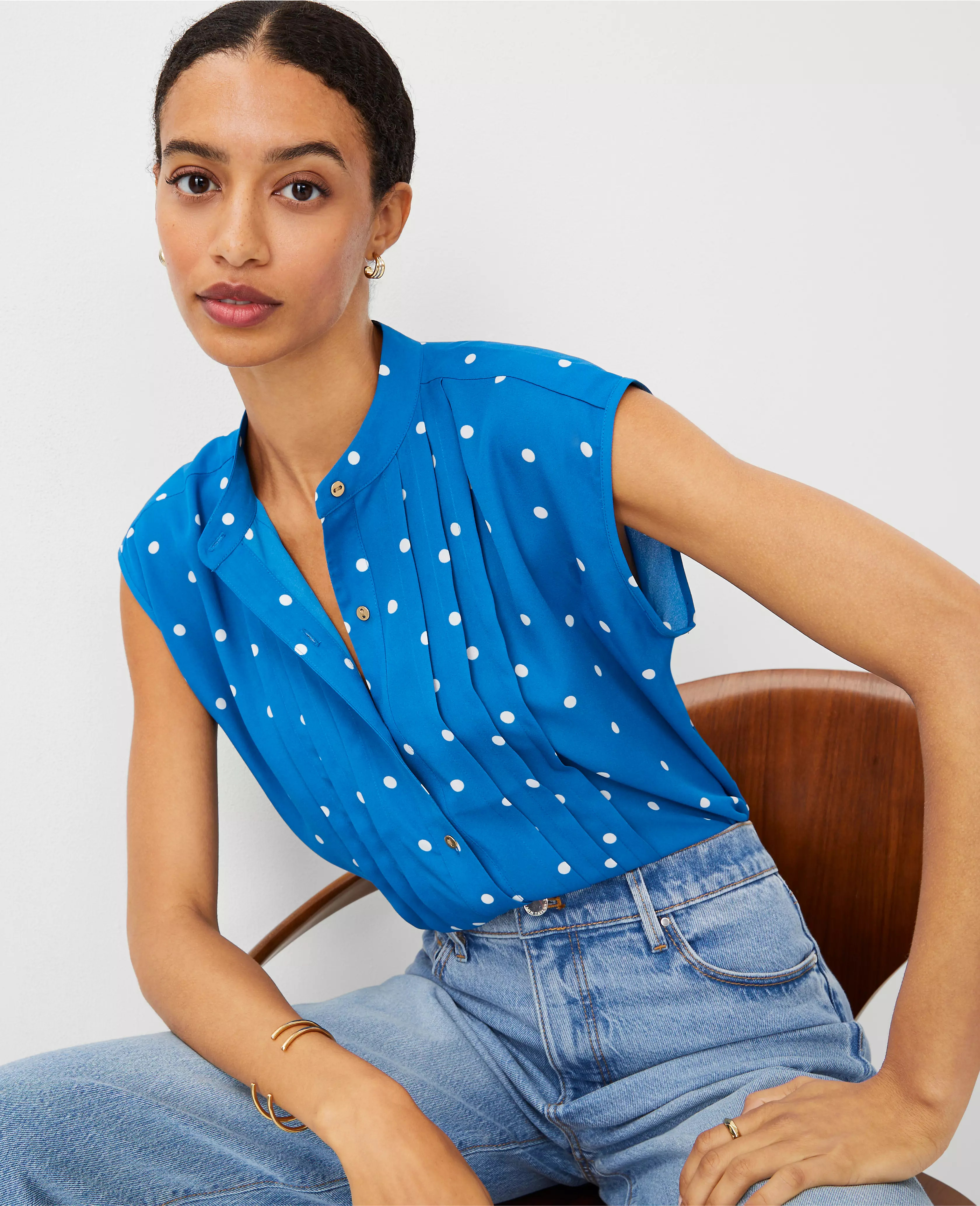 Dotted Shirred Button Top | Ann Taylor (US)