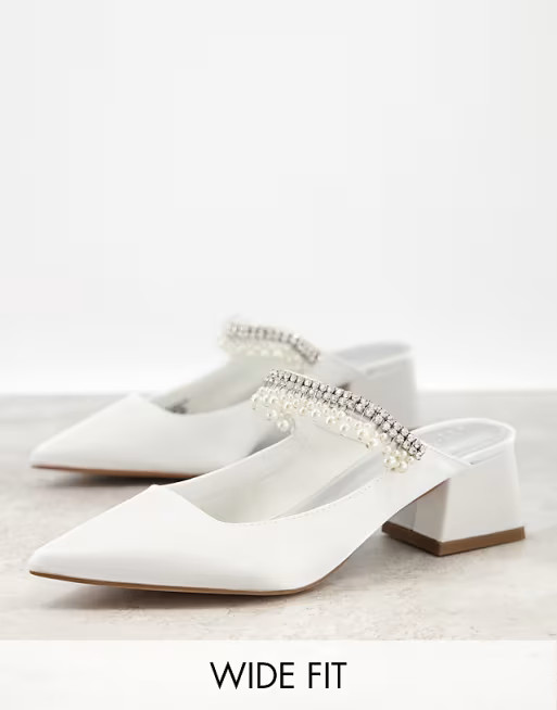 ASOS DESIGN Wide Fit Webster embellished heeled mules in ivory | ASOS (Global)