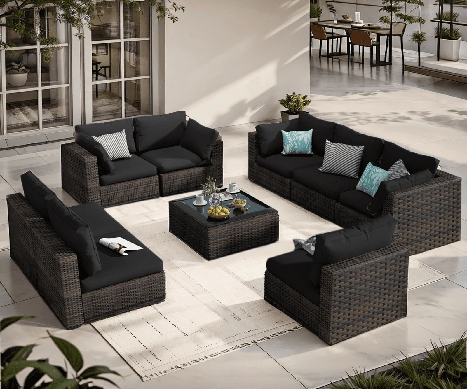 Grezone 9 Pieces Outdoor Patio Furniture, PE Wicker Rattan Sectional Sofa Patio Conversation Sets | Walmart (US)