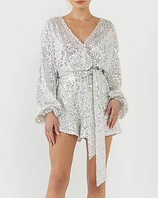 Endless Rose Sequins Belted Wrapped Romper | Express