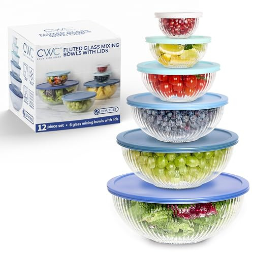 COOK WITH COLOR 12 Pc Glass Mixing Bowl Set with Lids – Borosilicate Glass Nesting Bowls for Cooking, Baking and Meal Prep, Fluted Blue | Amazon (US)