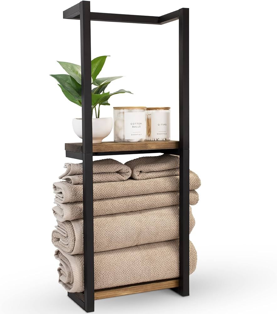 Stylish Bathroom Towel Storage Rack with Wooden Shelves – Modern & Space Saving Organizer for W... | Amazon (US)