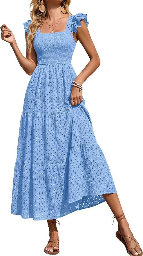 Womens Summer Square Neck Maxi Dresses Cap Sleeve Eyelet Smocked Tiered A Line Flowy Long Dress w... | Amazon (US)
