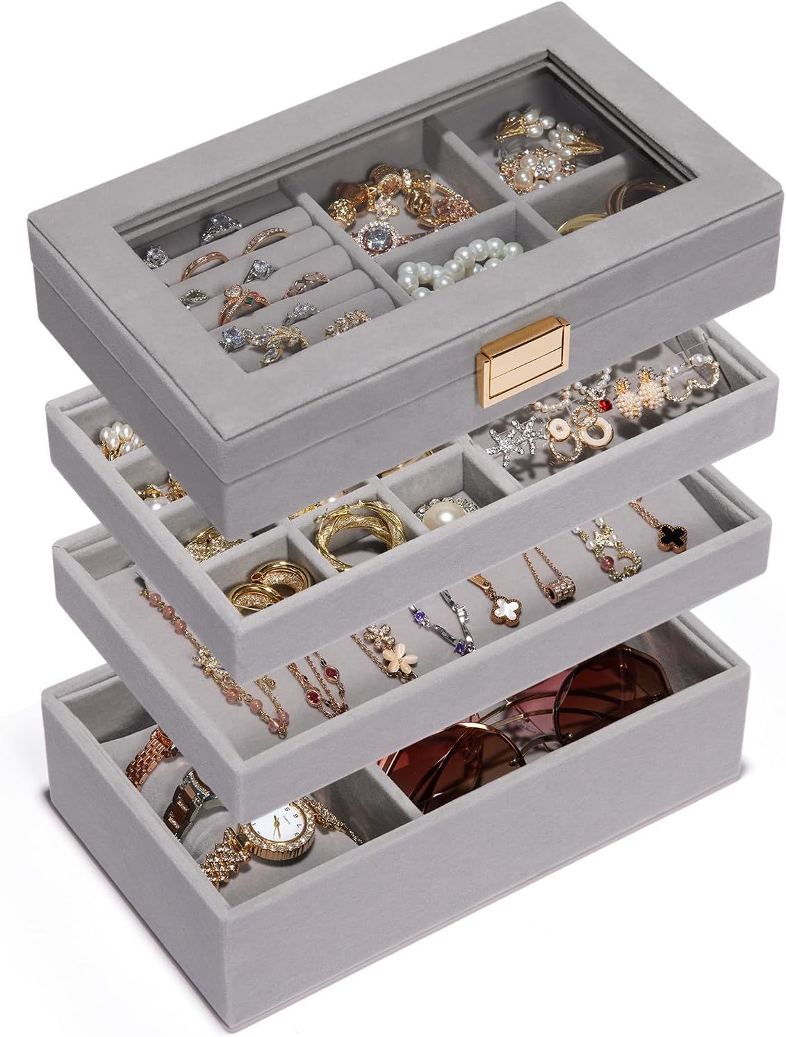 Homde 4-Tier Jewelry Tray | Stackable Jewelry Box | Drawer Jewelry Organizer | with Glass Lid, Re... | Amazon (US)