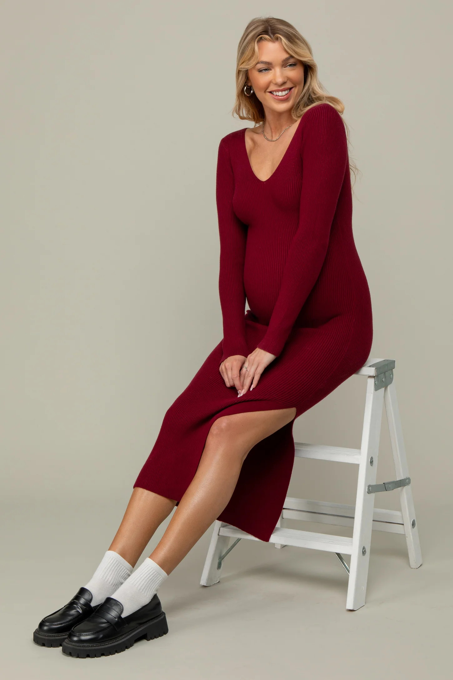 Burgundy Ribbed Knit Side Slit Maternity Midi Dress | PinkBlush Maternity