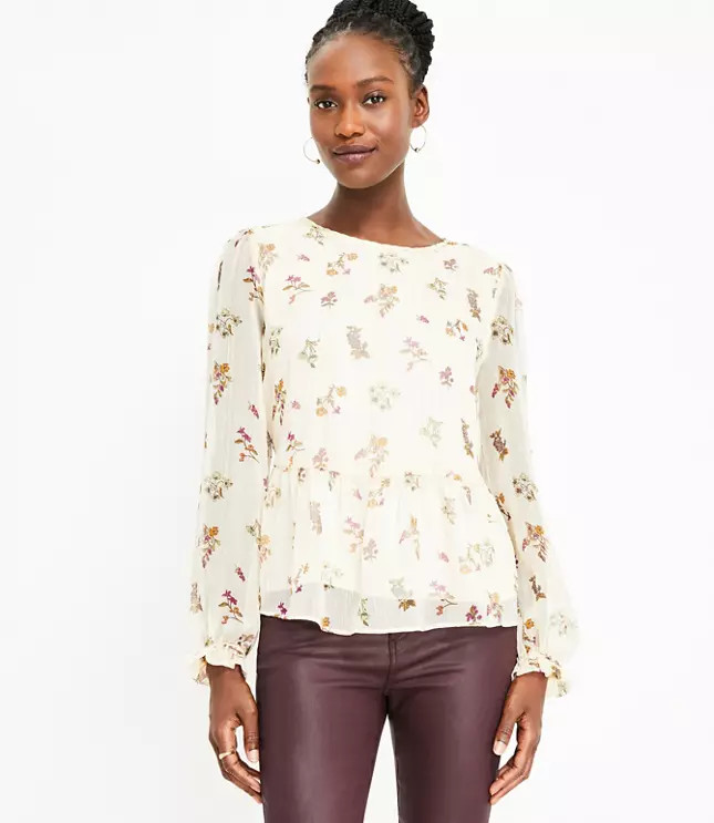 Floral Velvet Trim Peplum Blouse | LOFT