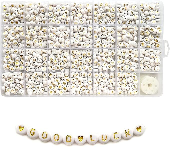 Looconi 1400 pcs Letter Beads A-Z and Elastic String 4×7mm Gold On White Round Acrylic Alphabet ... | Amazon (CA)