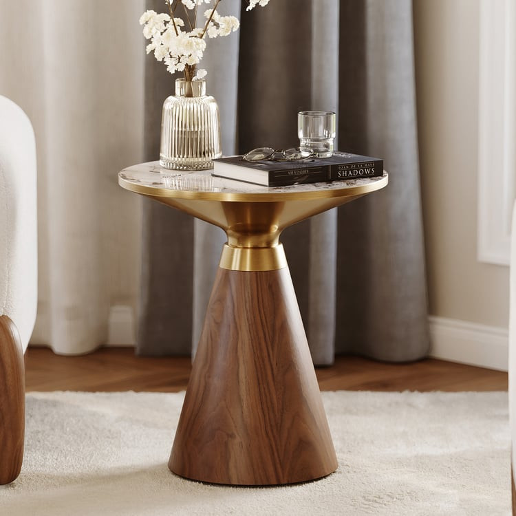 Round Sintered Stone Side Table, Walnut & Gold Frame End Table for Living Room (19.7")｜Homary | Homary