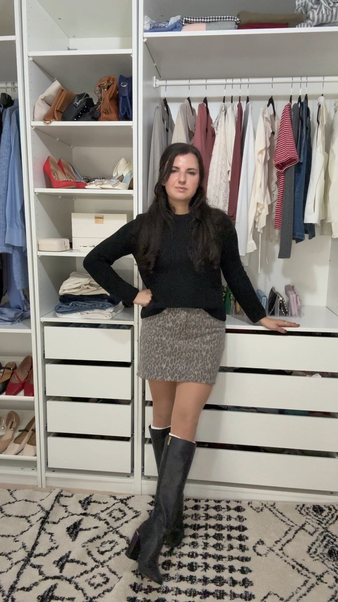 Would make a great fall date night look - leather knee high boots, leopard print skirt and black sweater

#LTKStyleTip #LTKFindsUnder100 #LTKShoeCrush