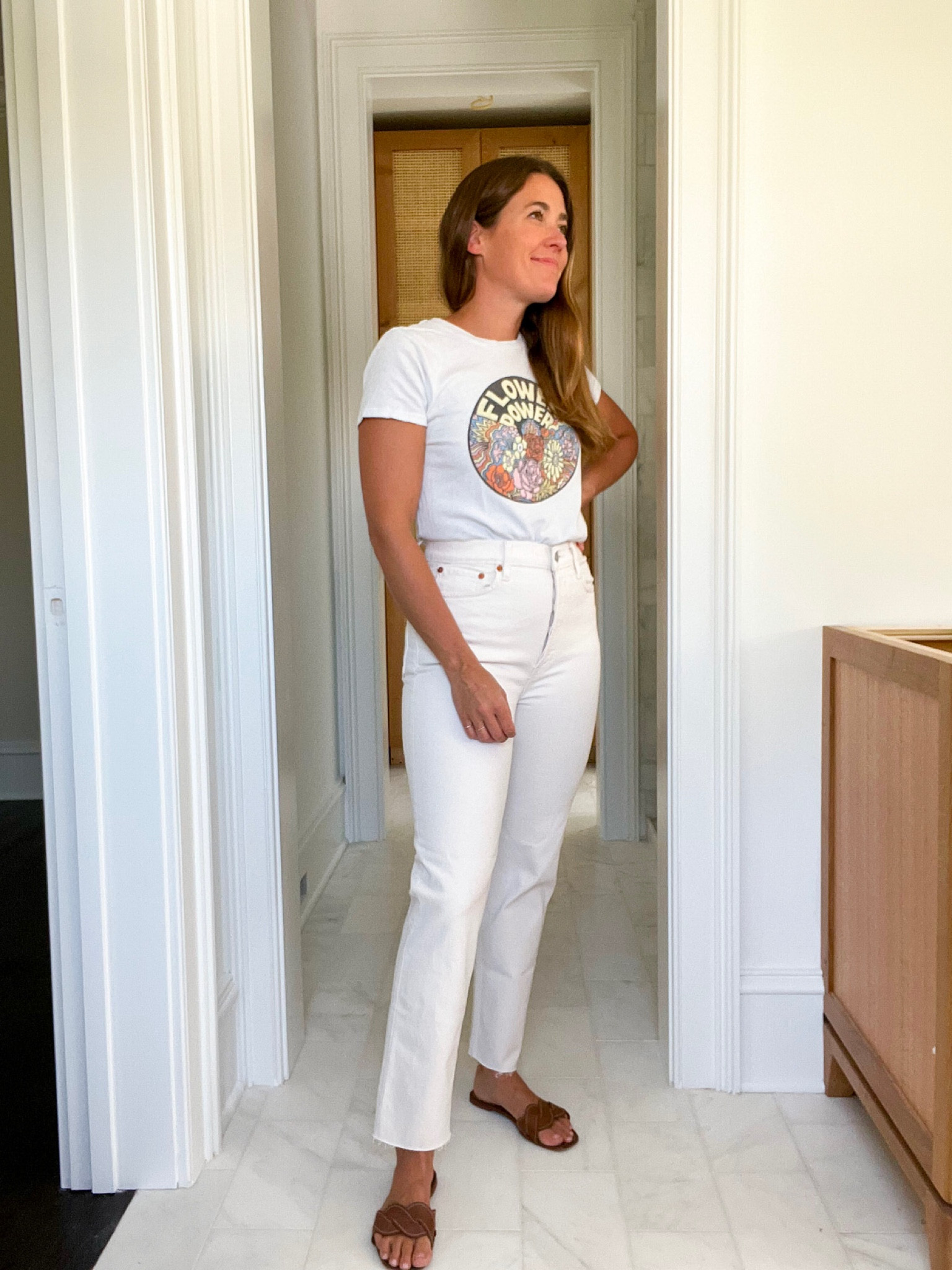 You can never go wrong with white denim, a simple t-shirt, and sandals for summer. This pair of stove pipe jeans from Re/Done fits soooo well and the straight silhouette gives your legs so much length. I like to size up in white denim! 

#LTKunder100 #LTKstyletip #LTKSeasonal