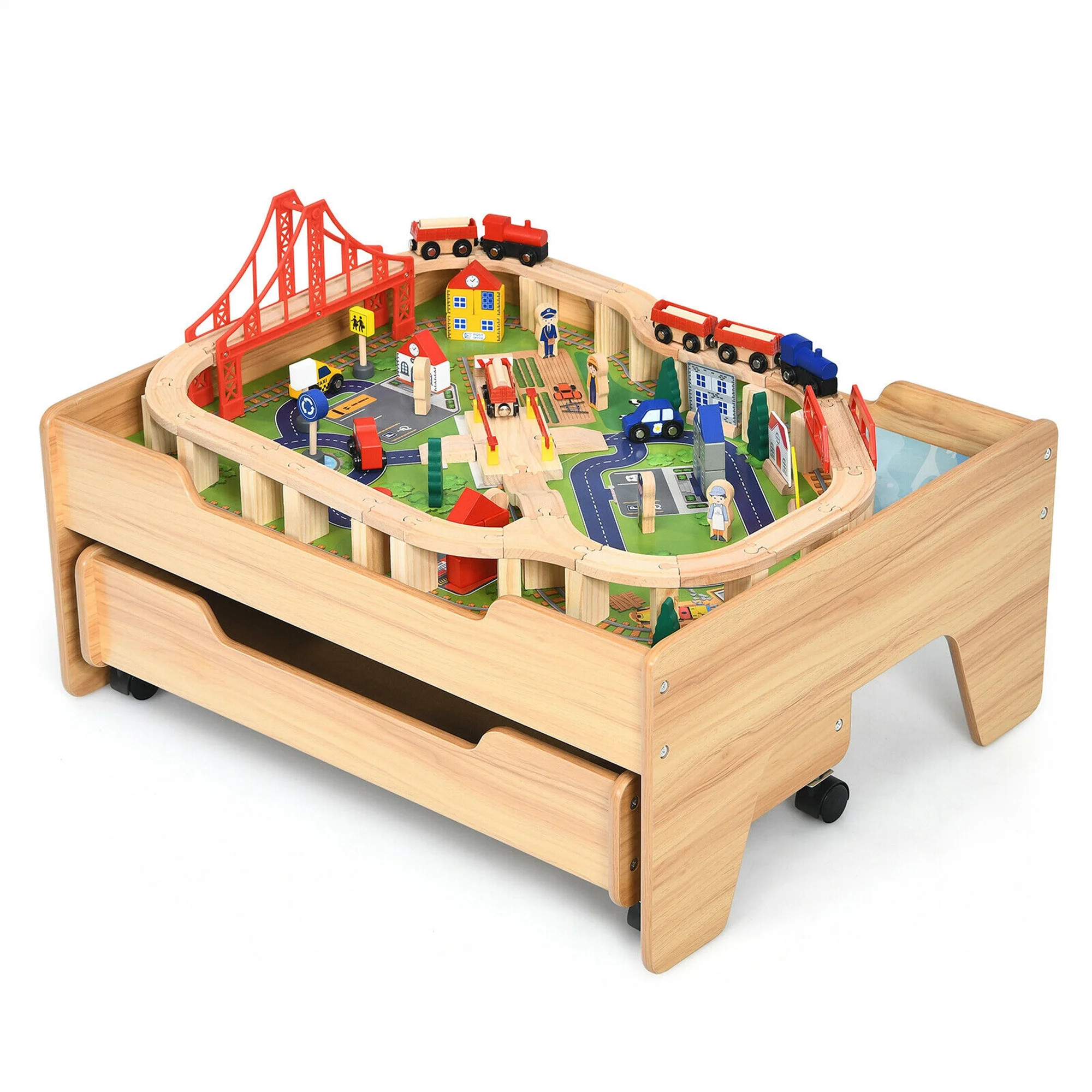 Gymax Wooden Kids Train Track Railway Set Table w/100 Pieces Storage Drawer - Walmart.ca | Walmart (CA)
