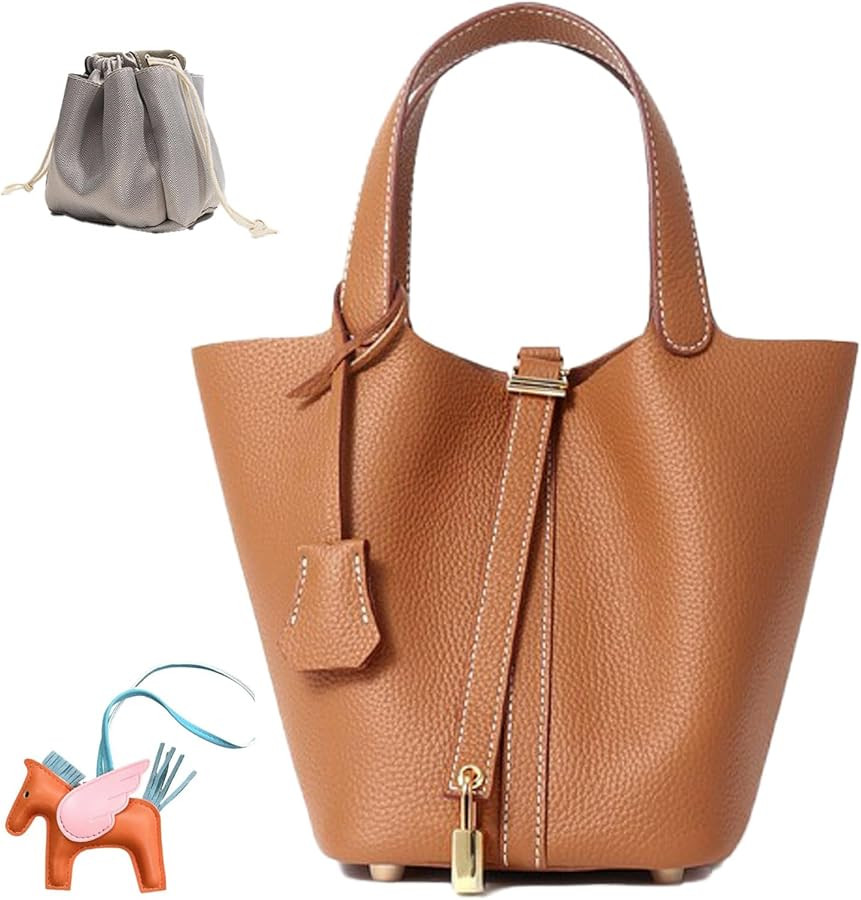 Genuine Leather Women's Bucket Bag Fashionable Lock Closure, Elegant Portable Shoulder Bag for Da... | Amazon (US)