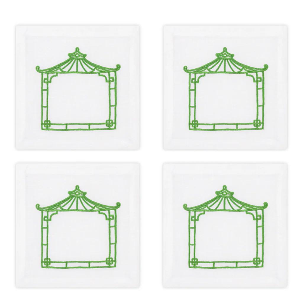 Hand-Embroidered Pagoda Linen Coasters – Set of Four | Blue Print