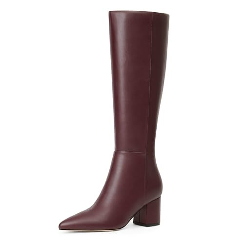 Easyfox Burgundy Womens Tall Boots Knee High Burgundy Leather Boots Womens Knee High Red Boots Chunky Heel Long Boots Pointed Toe Fall Boots Size 10 | Amazon (US)