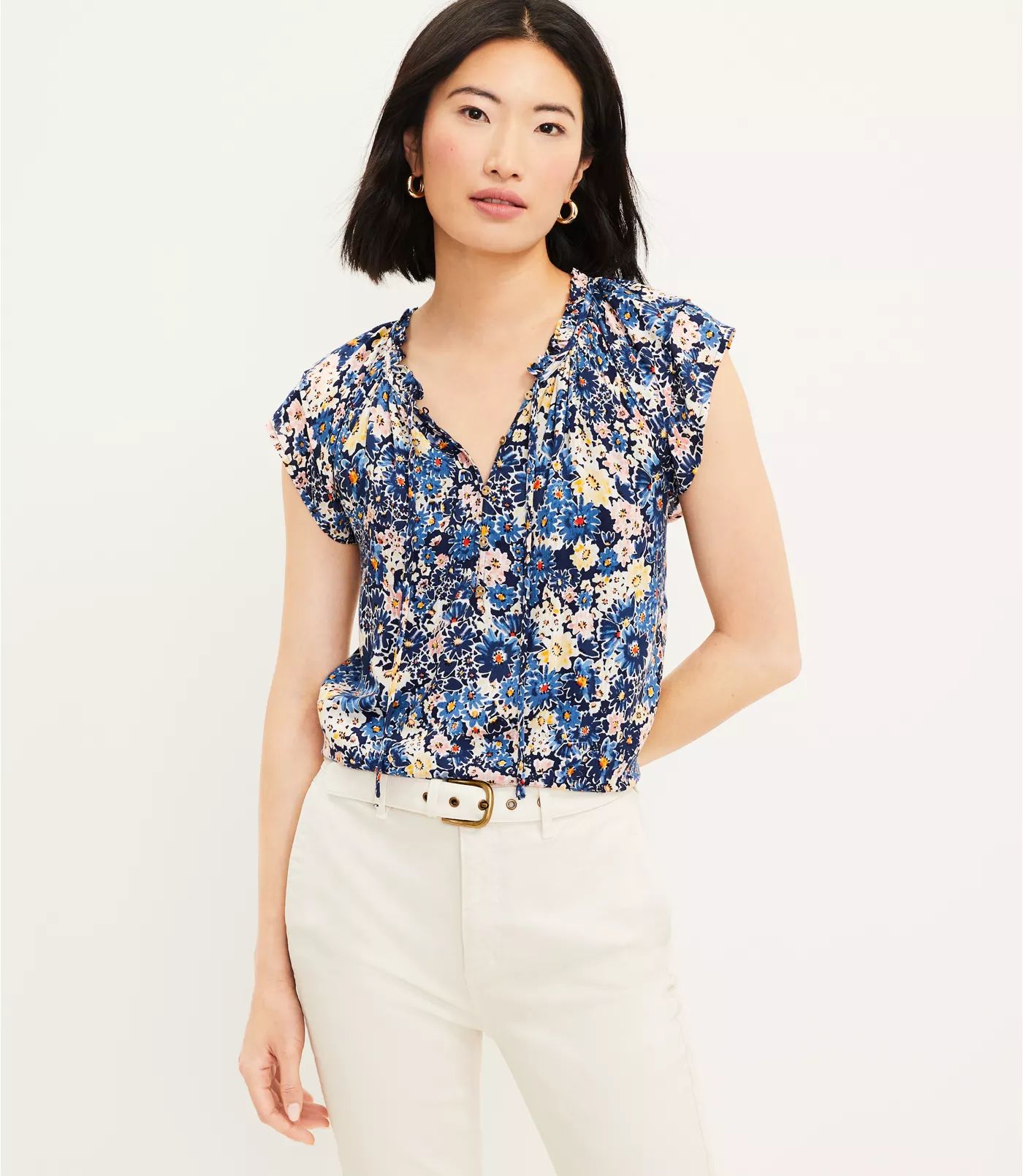 Garden Button Tie Neck Top | LOFT