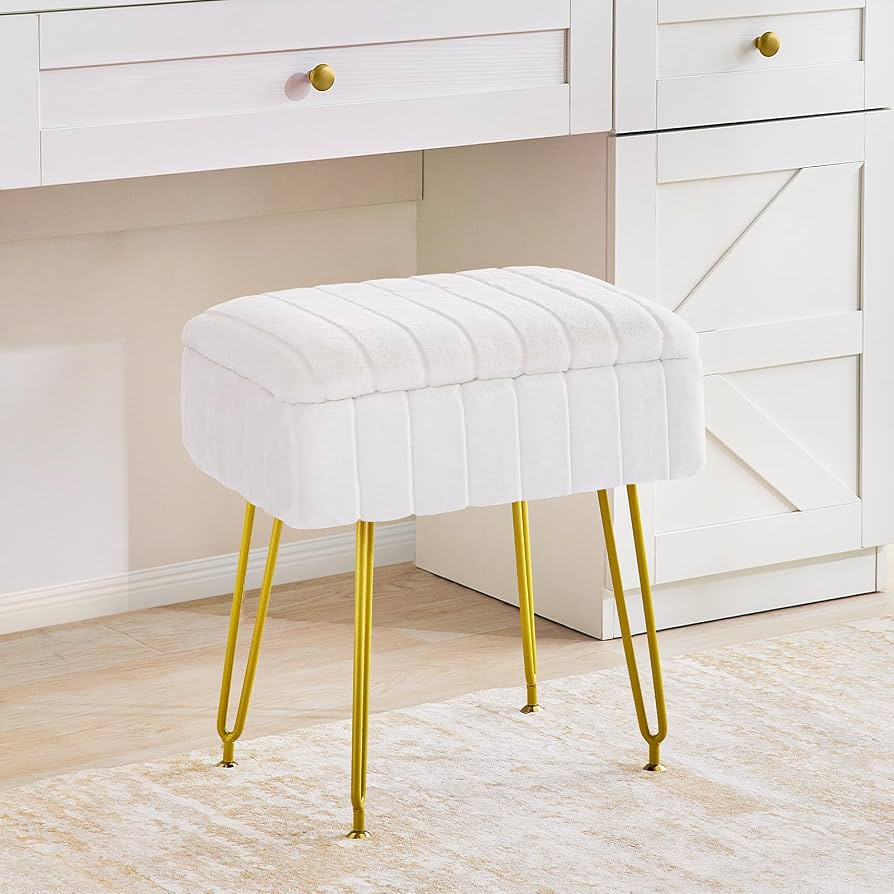 Redlife Vanity Stool with Storage, Vanity Stool Chair, Faux Fur Vanity Chair with Gold Metal Leg,... | Amazon (US)