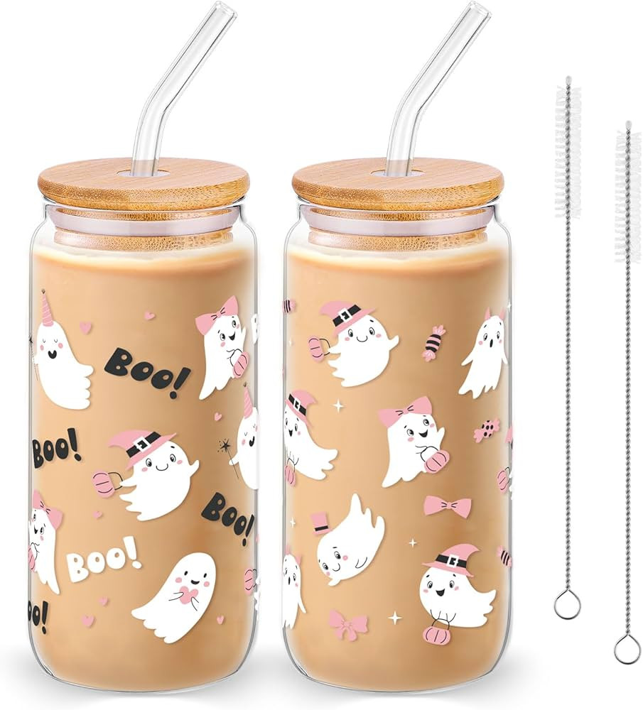 2 Pcs Boo Ghost Halloween Glasses Cups, 16 oz Iced Coffee Tumbler Cute Pink Pumpkin Ghost Glass C... | Amazon (US)