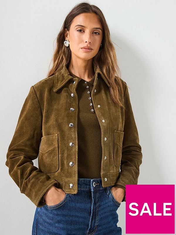 Mango Suede Leather Jacket With Buttons - Khaki | Very (UK)