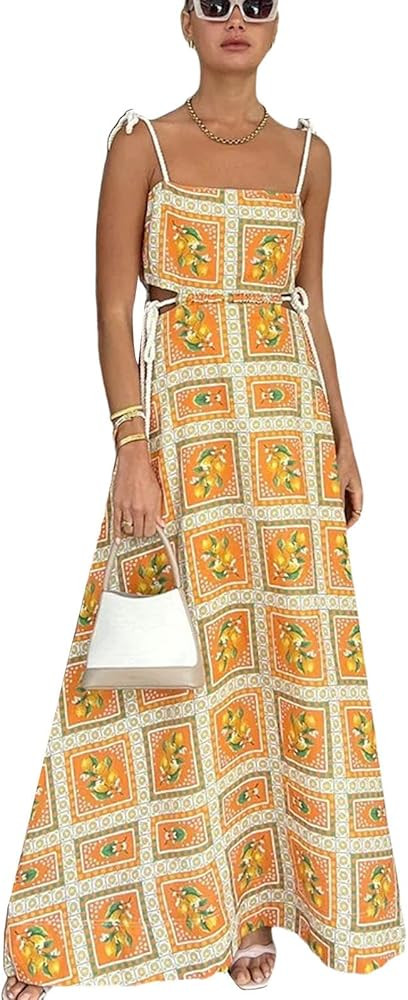 Women’s Tie Shoulder Floral Boho Maxi Dress Sleeveless Flowy Tiered A Line Long Sundress Going ... | Amazon (US)