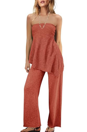 Panadila Womens Off Shoulder Sweater Set 2 Piece Outfits Summer Vacation Knit Matching Lounge Set Tube Top and Pants Set(Orange,M) | Amazon (US)