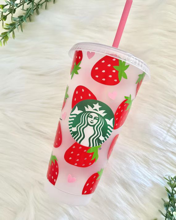 Strawberries Starbucks Cold Cup / Strawberries Cup / Hearts Cup / Strawberries Tumbler Cup / Spri... | Etsy (US)