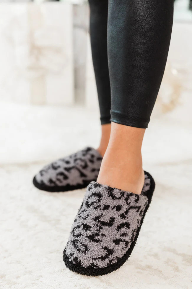 All The Snuggles Dark Grey Leopard Print Slippers DOORBUSTER | Pink Lily
