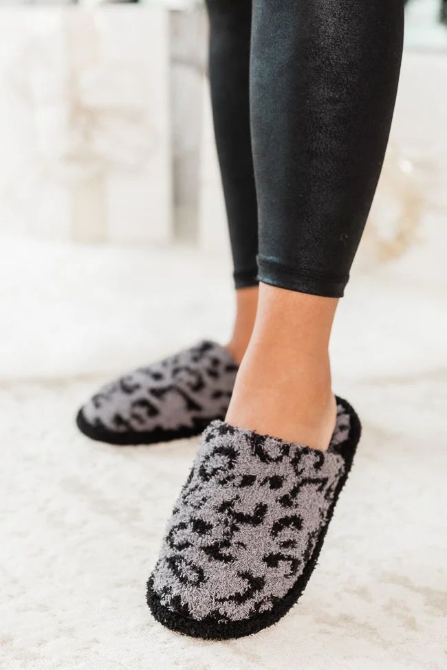 All The Snuggles Dark Grey Leopard Print Slippers DOORBUSTER | Pink Lily