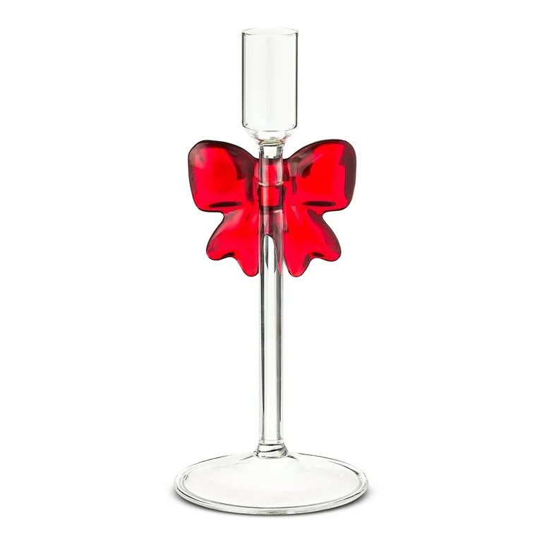 Small Clear Glass Christmas Taper Candle Holder with Bow, 7.75", by Holiday Time - Walmart.com | Walmart (US)