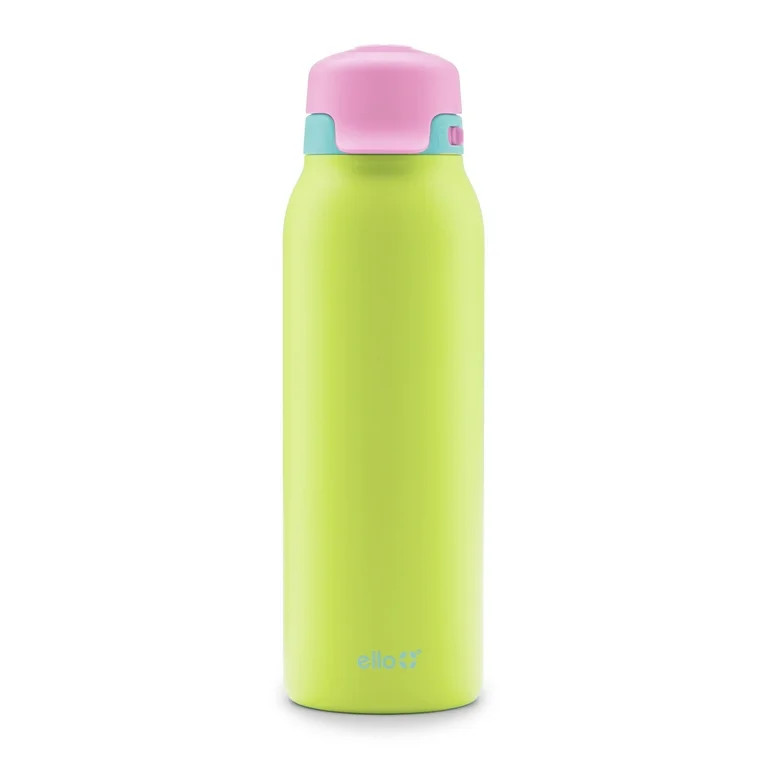 Ello Flip & Fill 32 oz Stainless Steel Water Bottle with Flip-Top Lid and Straw, Lime Green | Walmart (US)
