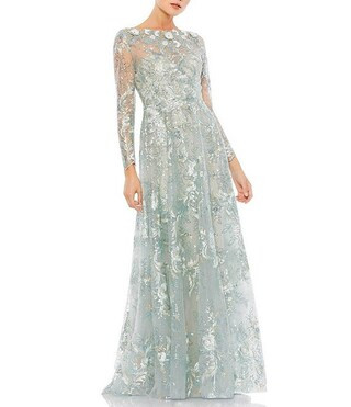 Mac Duggal Floral Embroidered Sequin Illusion Boat Neck Long Sleeve Gown | Dillard's | Dillard's