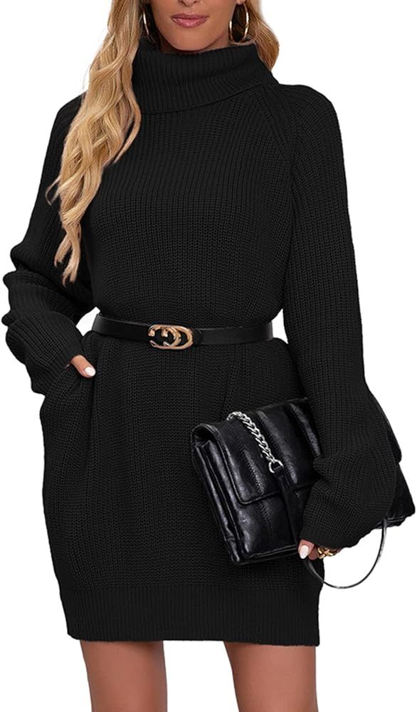 Welaneol Sweater Dress with Side Pockets Turtleneck Long Sleeve Casual Loose Knit Sweater Dress f... | Amazon (US)