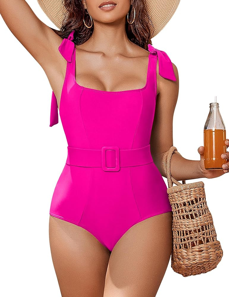 AI'MAGE Womens One Piece Swimsuit Belted 2024 Tummy Control Bathing Suits Square Neck Tie Shoulde... | Amazon (US)
