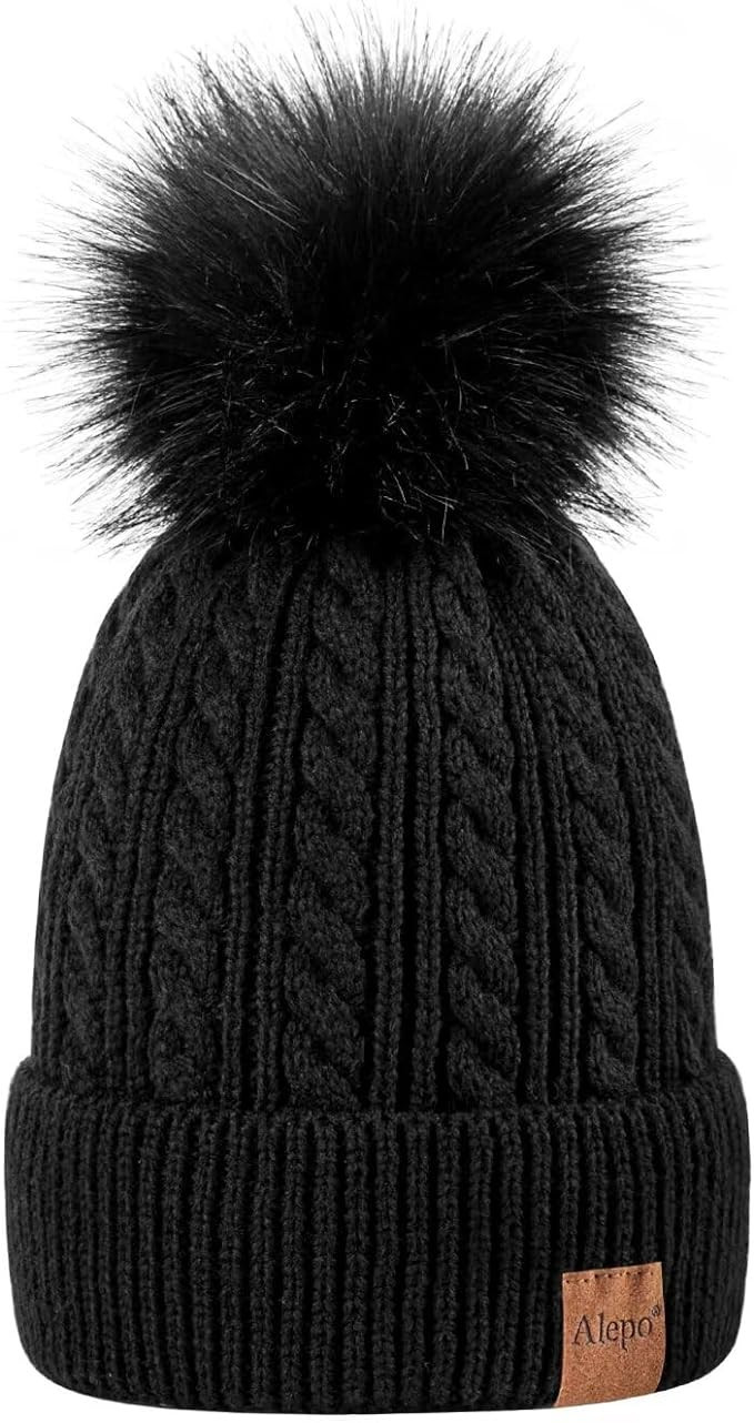 Alepo Womens Winter Beanie Hat, Warm Fleece Lined Knitted Soft Ski Cuff Cap with Pom Pom | Amazon (US)