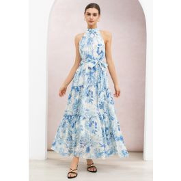 Blue Watercolor Floral Tie-Bow Halter Chiffon Maxi Dress for Bridal Shower & Dinner Parties | Chicwish