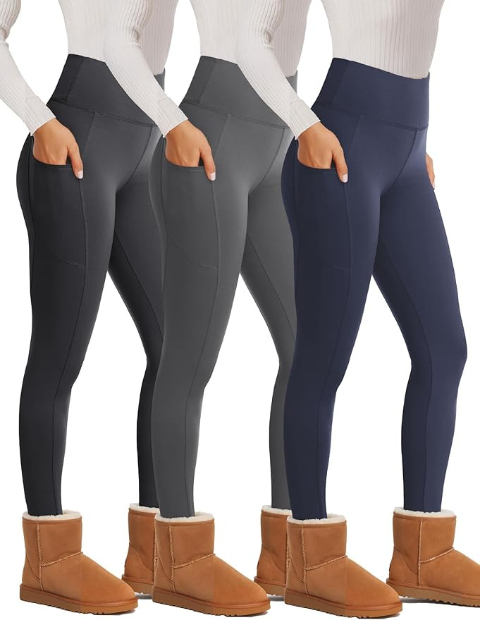 Showitty 3 Pack Fleece Lined Leggings Women with Pockets - Winter Warm Thermal Yoga Pants for Run... | Amazon (US)