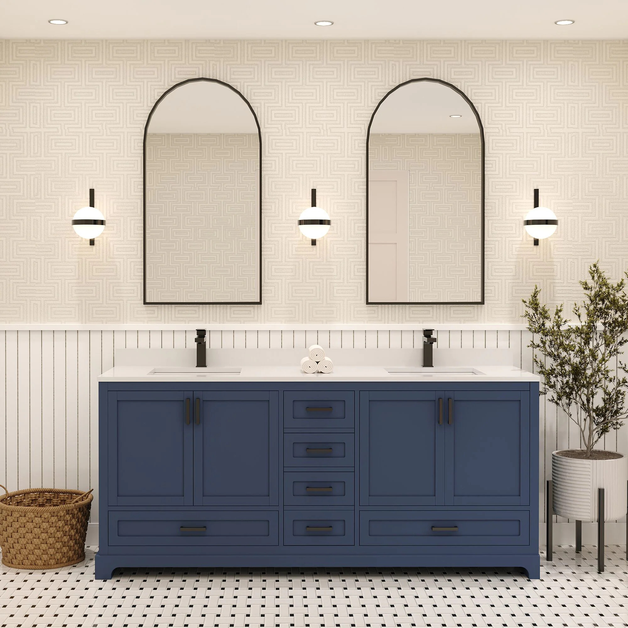 Ayna Decors Maya 72-in Navy Blue Undermount Double Sink Bathroom Vanity with White Quartz Top | AVM72NB3001 | Lowe's