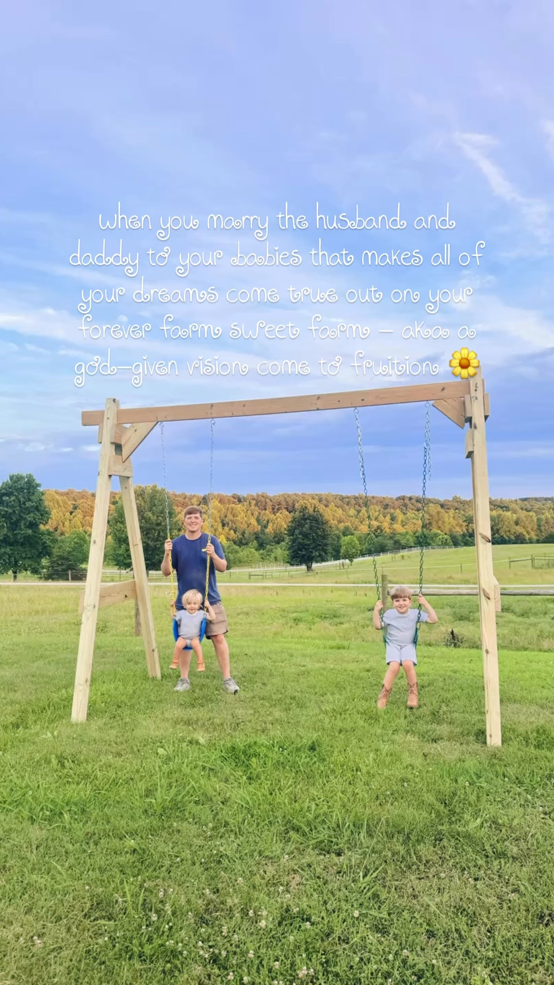 When you marry the man who makes all of your dreams come true… 😘💪🏽🌻🐴🛠️🪵🌾🌳🌻 #happyfathersdaybabe #farmdreamcometrue 

Oh what a night ✨ we’ve had out here on the farm!! 🤭 Watch til the very end 🥰 to see what “Dada” finished ✔️ building for the babies 👶🏼 out here overlooking our pastures!!! 🌳 And while “Dada” was busy 🪚 hard at work 💪🏽, the little 👶🏼 cowboys 🤠 and I went exploring on our 12 acres 🌾 and then by the pond 🦆, too!! 🩵 Since we got the treehouse playset 🛝 and porchswing 🤍 now in the backyard 🪴, we wanted to still use our extra swings 💨 - so my handsome 🔥 hardworking 🛠️ man built 🪵 from scratch another (!!) swingset for them out here in front of the barn!! 🐴 And boy oh BOY it is such a dream 💭 y’all!! 💙 And we’ve been wanting to spend more time out exploring all this land, too - so it really feels like the perfect spot (and I mean, that view is unreal 🌅)!! 👌🏽 Ladies, marry the man who makes all your dreams come true and can bring your visions to life 👏🏽 hehe - it truly is the BEST!! 🤩 Also… we saw baby bunnies 🐰🐇 on the farm tonight, too!! 🤗 

We loveee exploring out here on our dream slice of heaven on earth!!! 🌳🌾🌻🐴 I truly can’t believe that *this*  is the farm sweet farm that God had in store for our family all along!! 🗺️ What a journey and #godstory and it truly is so beautiful knowing this is where He wanted to plant 🌱 our family all along!! 💒 So much land and places to explore… every day feels like an adventure out here!! 🌳🌾 His plans are so much more than we could ask, dream, or imagine and we are living right smack in the middle of an Ephesians 3:20 prayer 🙏… and we know He’s just getting started!! Thank you, Lord!! 🙌🏽 #immeasurablymore #wideopenspaces