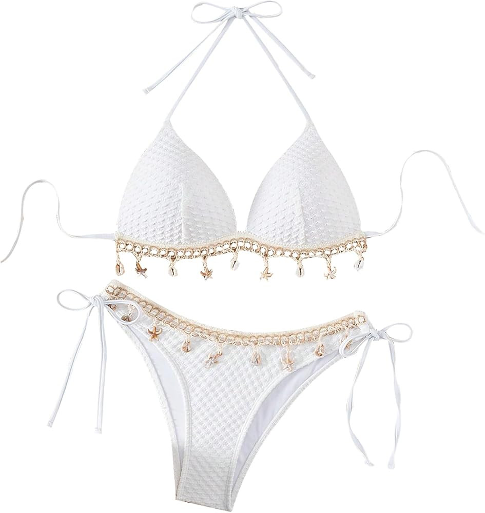 SHENHE Women's Push Up Bikini Set Halter Triangle Swimsuits Seashell Boho Bathing Suits | Amazon (US)