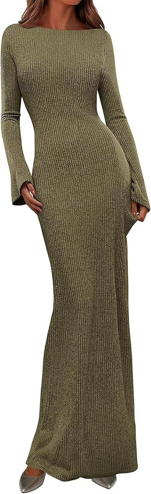 PRETTYGARDEN Women's Fall Fashion 2025 Long Sleeve Maxi Dress Ribbed Knit Boat Neck Bodycon Casua... | Amazon (US)