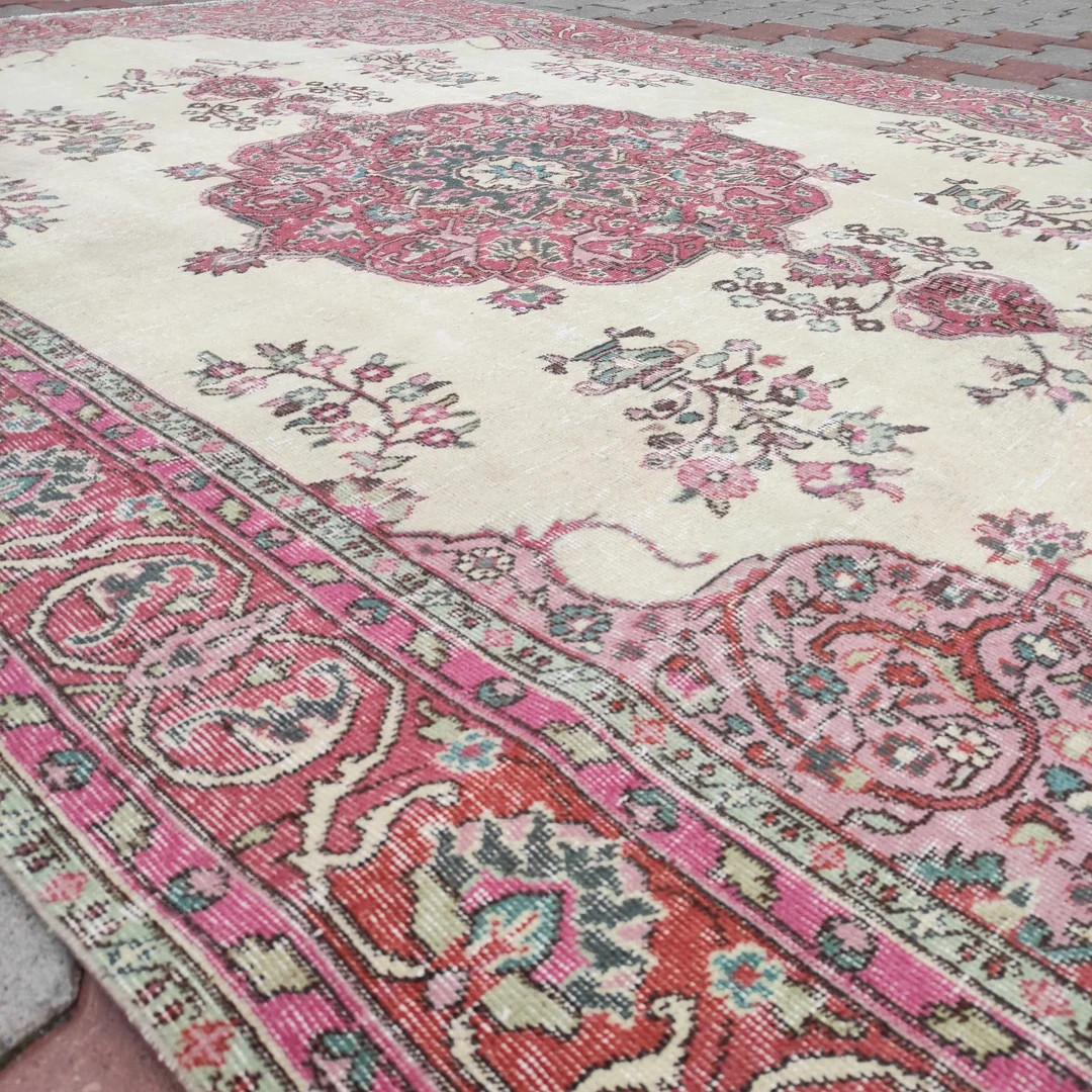 Large Turkish Rug 6x10: Ivory Colorful Vintage Anatolian Rug - Etsy | Etsy (Global)