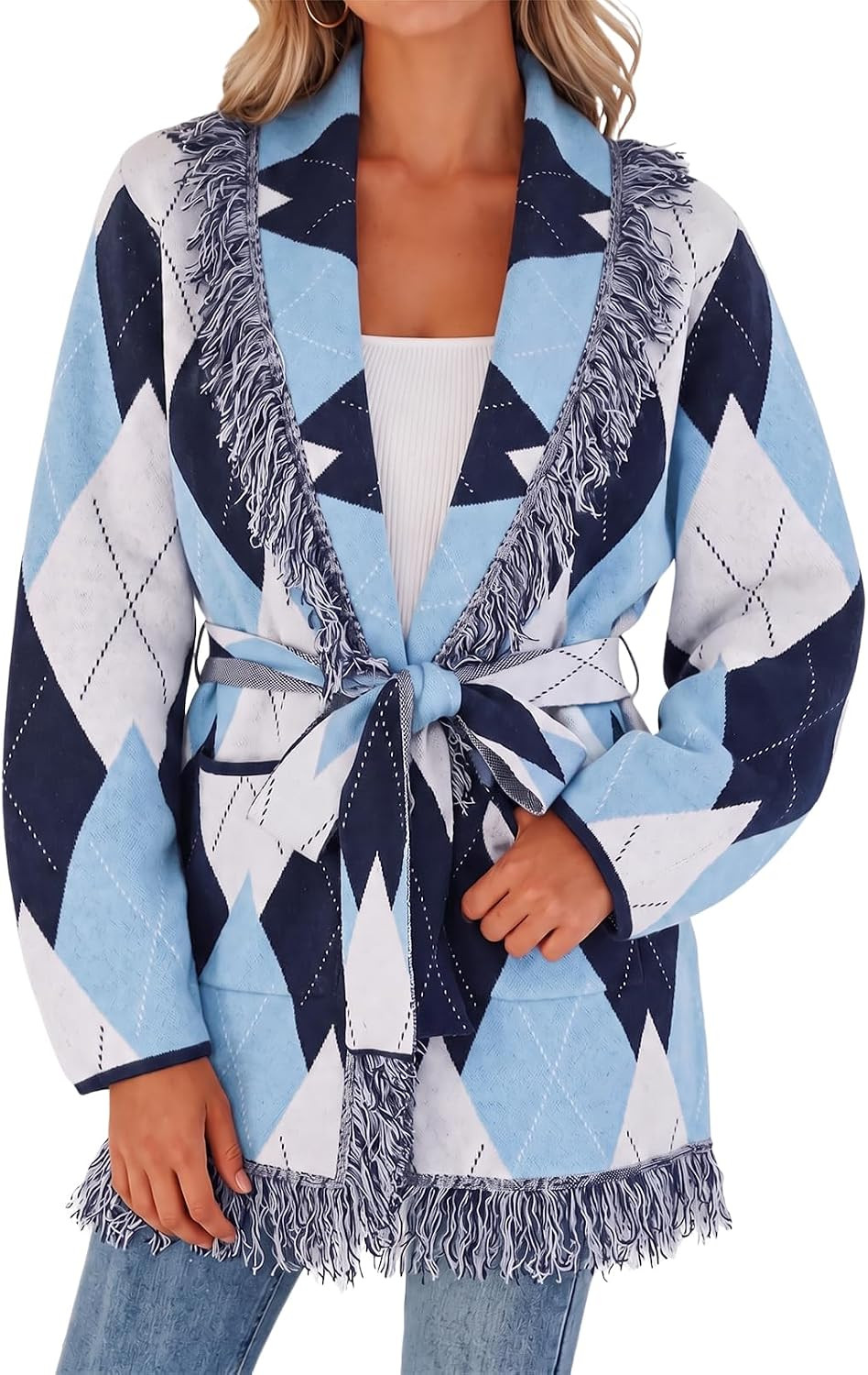 Cicy Bell Women Open Front Cardigans Fringe Argyle Shawl Wrapped Sweaters | Amazon (US)