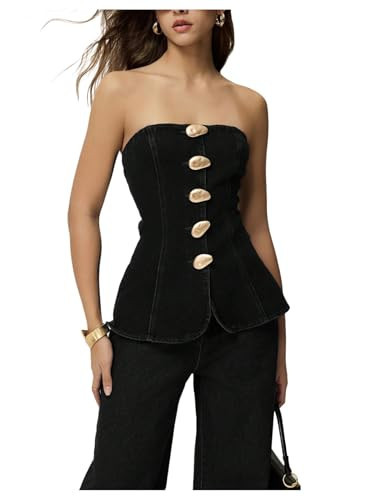 Floerns Women's Elegant Strapless Metal Button Front Denim Tube Tops Tube Sleeveless Bandeau Black X-Small | Amazon (US)