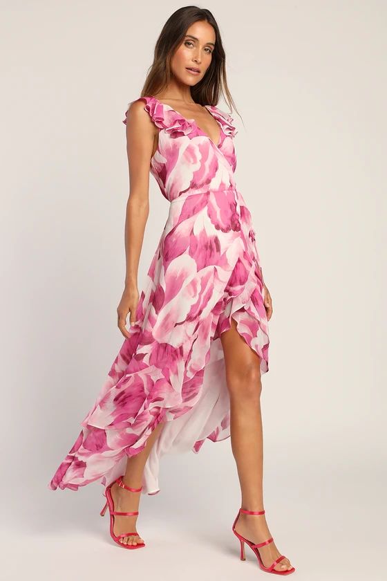 Elevate the Occasion Pink Floral Ruffled Wrap High-Low Dress | Lulus