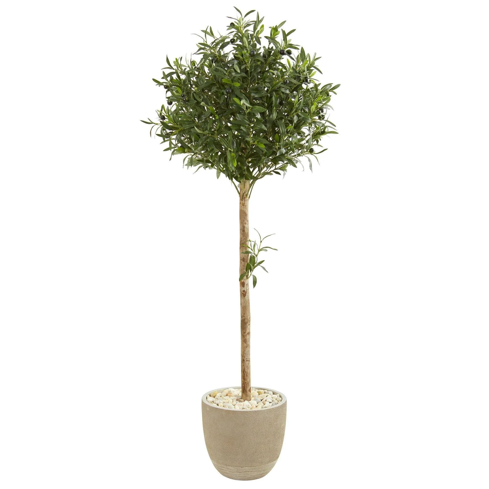 5’ Olive Topiary Artificial Tree in Sand Stone Planter | Nearly Natural