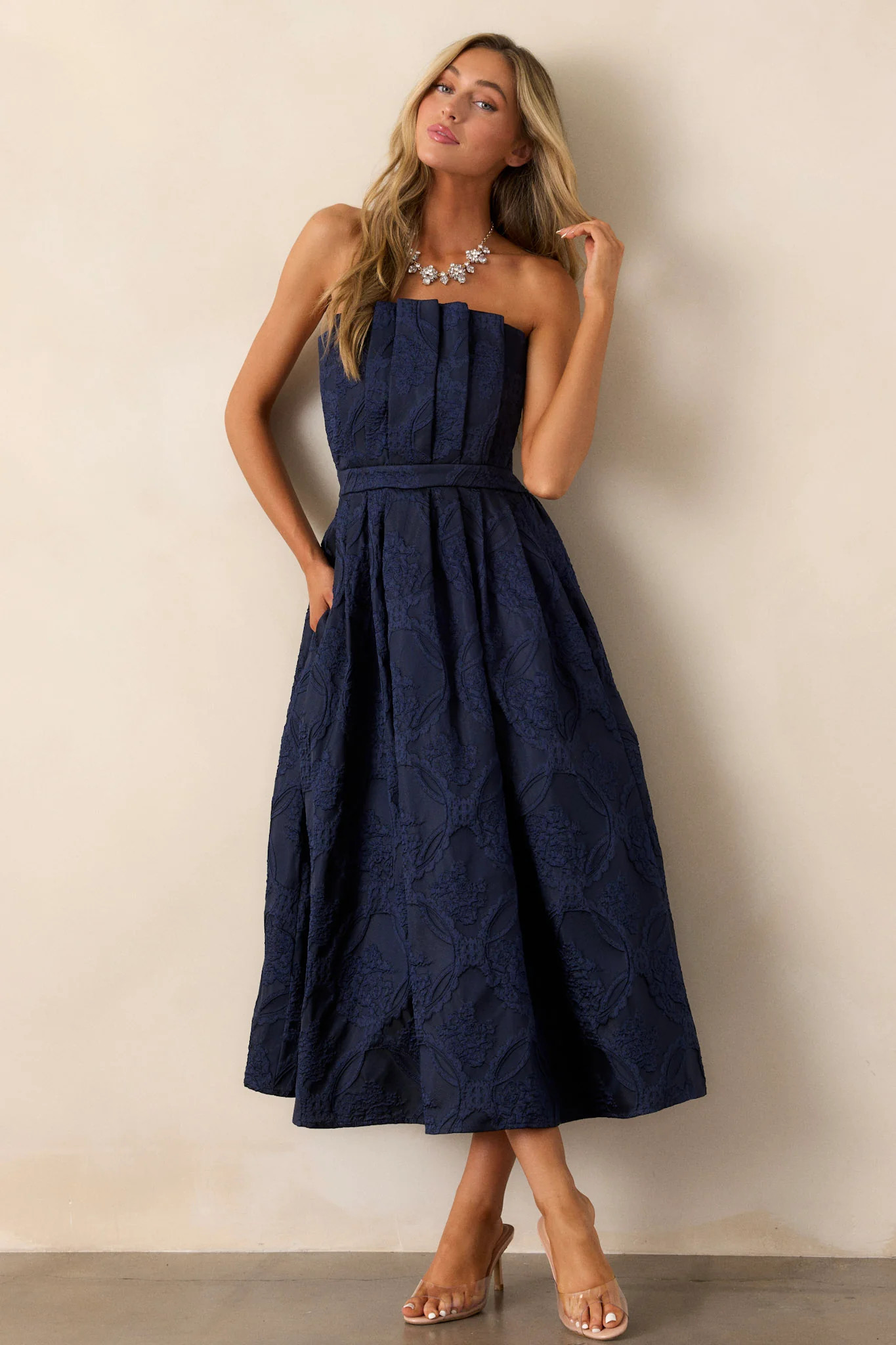 Moonstone Dreams Navy Floral Jacquard Midi Dress | Red Dress