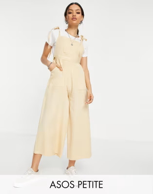 ASOS DESIGN petite textured tie shoulder dungarees in washed stone | ASOS (Global)