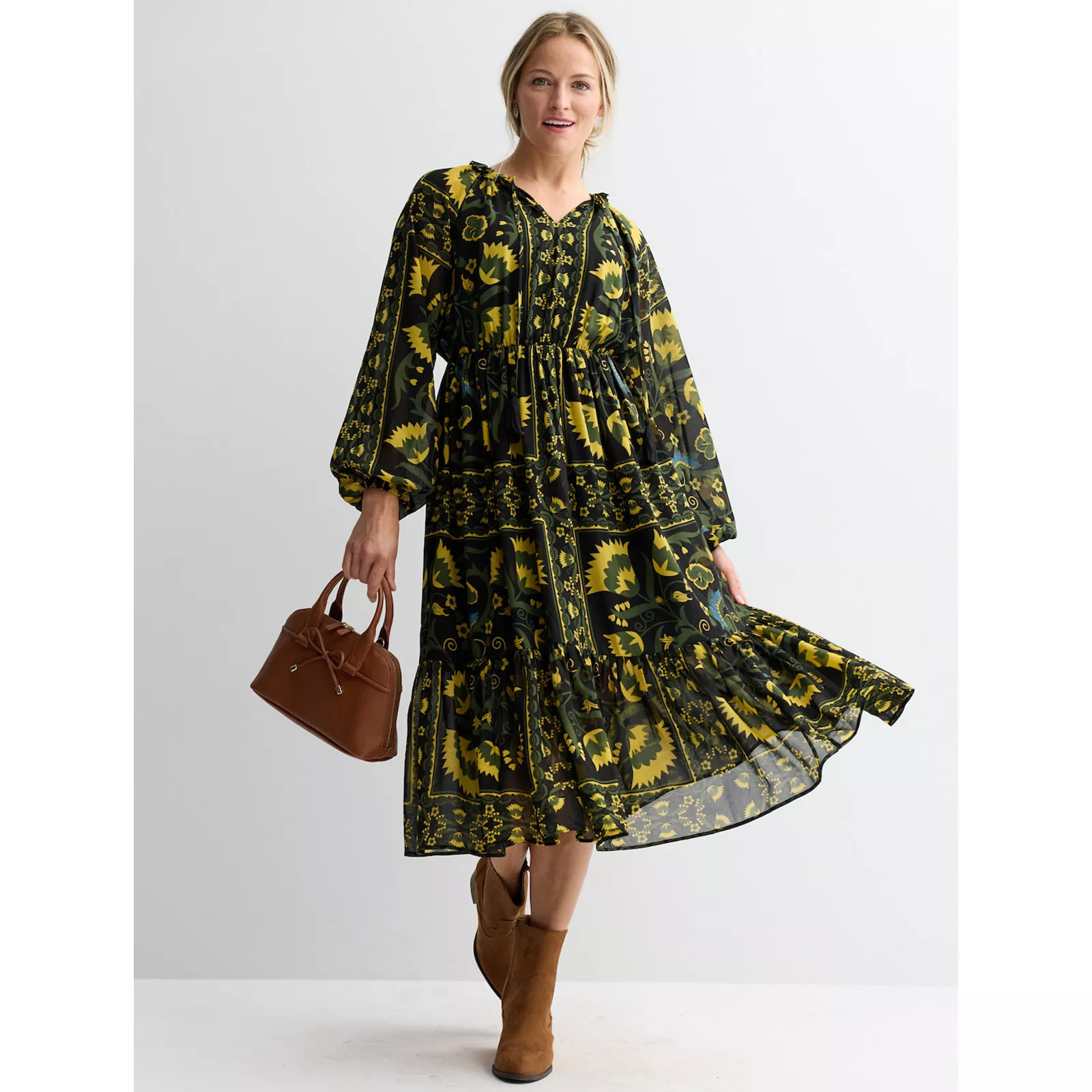 Women's Farmers Market Long Sleeve Ruffle Casual Dress, Size: Medium, Black Floral | Kohl's