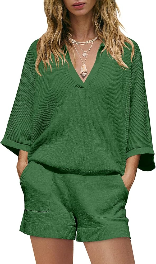 SENSERISE Womens Lounge Set Summer Sweater Matching Sets Batwing Sleeve V Neck Top and Shorts wit... | Amazon (US)