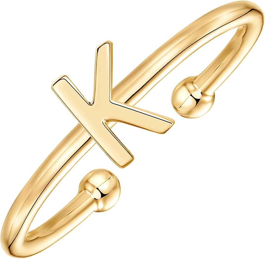 PAVOI 14K Gold Plated Initial Adjustable Ring | Womens Initial Ring | Fasion Ring Women | Amazon (US)